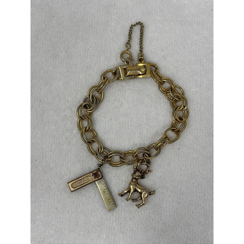Vintage Cellini Link Bracelet Gold Plated Freemason‎ Deer 7"